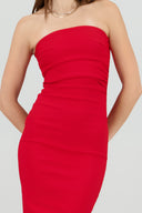 Vestido maxi strapless drapeado hypsters