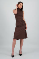 Vestido midi cuello alto con boton en espalda