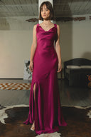 Vestido maxi escote cascada satin con abertura